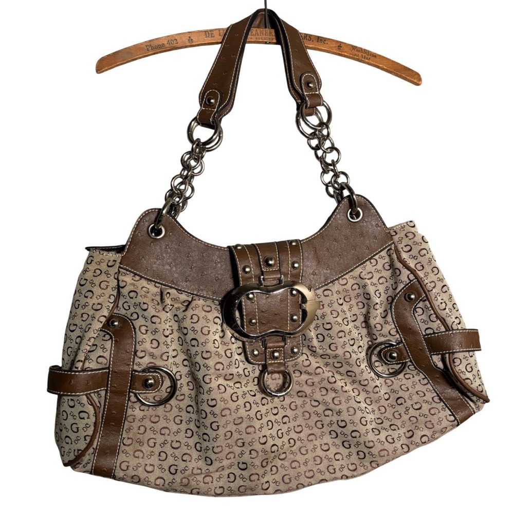 GUESS Y2K Monogram Canvas Grommet Embossed Hobo Shoulder Bag Hardware Moto